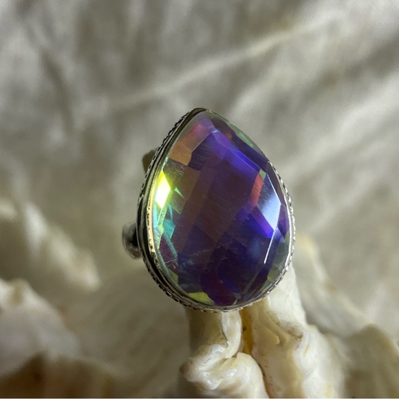 Sale * Mystic Rainbow Topaz vintage teardrop ring - Picture 4 of 12
